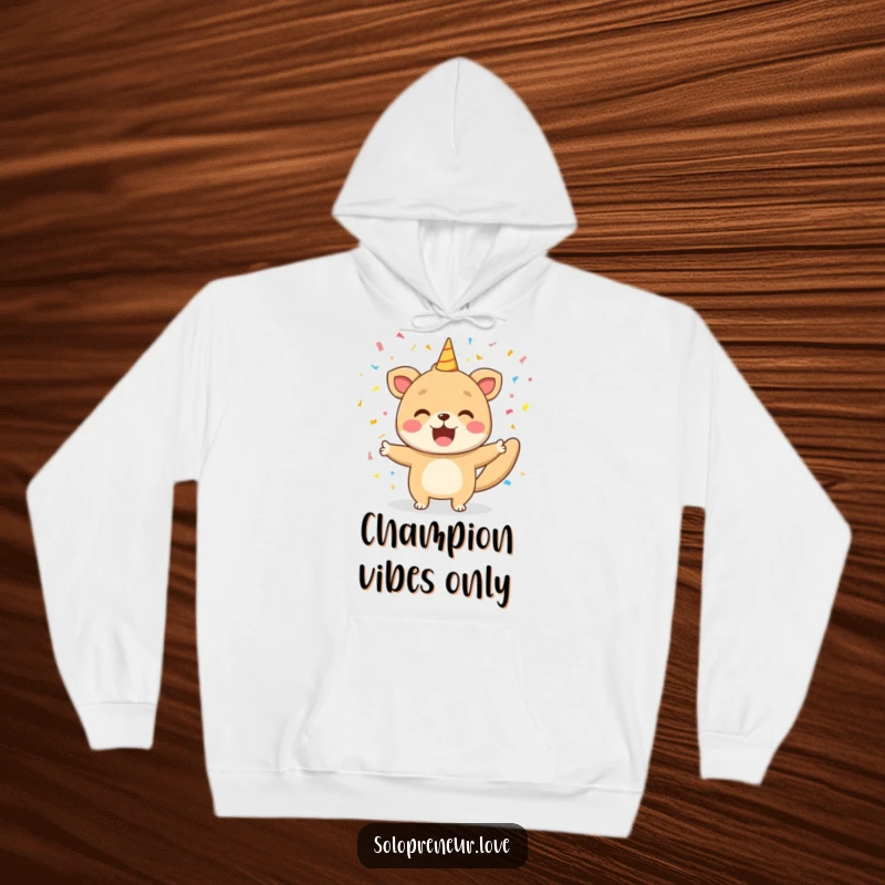 Funny hoodie featuring a happy animal joyfully celebrating with a cascade of confetti, representing triumph and festive cheer.