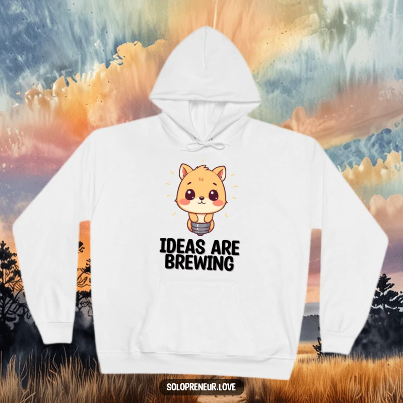 Funny hoodie displaying a curious animal peering into a luminous lightbulb, signifying imaginative thought and warmth.