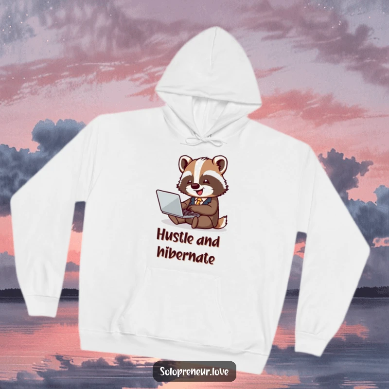 Funny badger business hoodie with a tiny badger in a suit typing jovially on a laptop, offering warmth and humor.