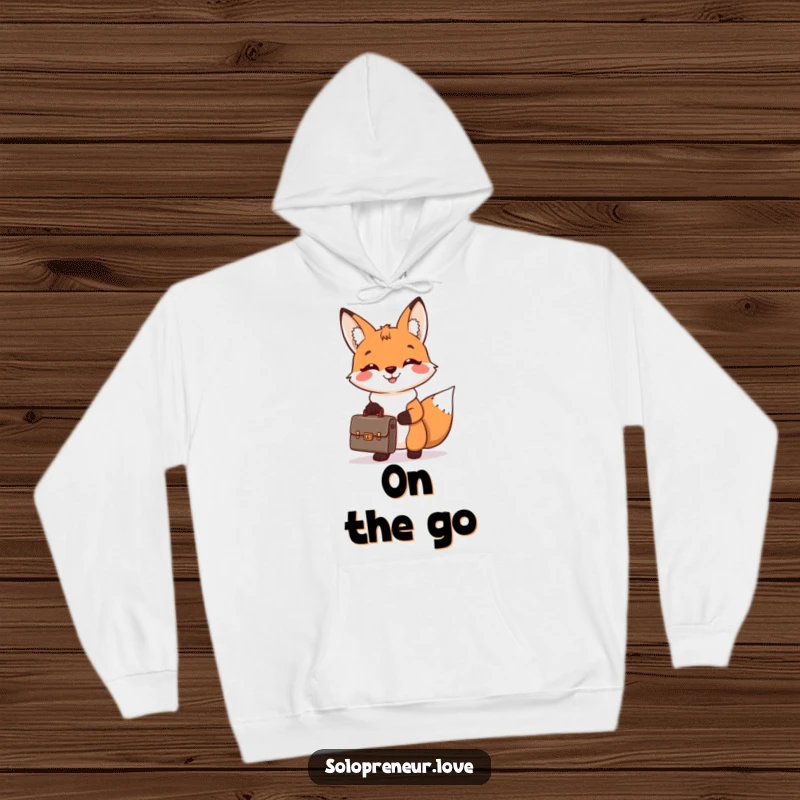 Funny hoodie with a cheerful fox holding a tiny briefcase and smiling broadly, perfect for staying warm with business flair.