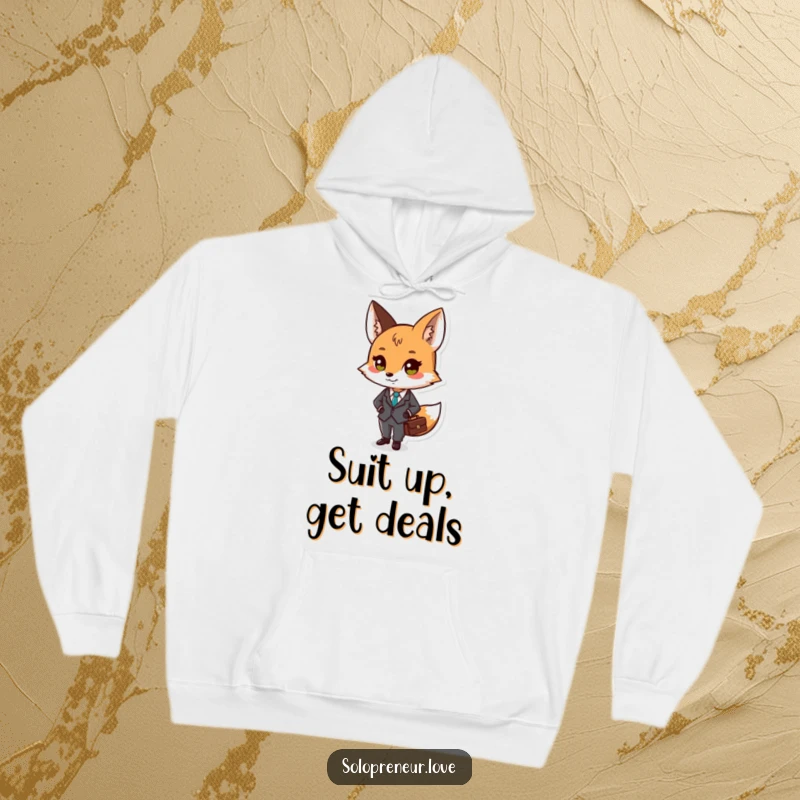 Funny hoodie featuring a small fox character dressed in a tiny suit, carrying a briefcase, perfect for smart casual wear.