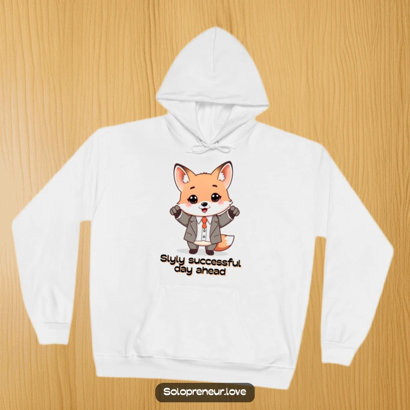 Funny Kawaii Fox in a smart business suit striking a pose to celebrate success, featured on a cozy hoodie.