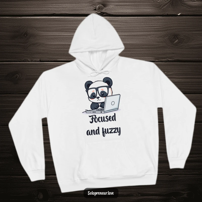 Funny hoodie with a tiny panda wearing glasses, diligently working on a laptop, perfect for cozy coding sessions.