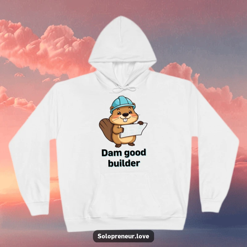 Funny hoodie featuring a cheerful beaver character wearing a hard hat and holding a blueprint, perfect for builders.