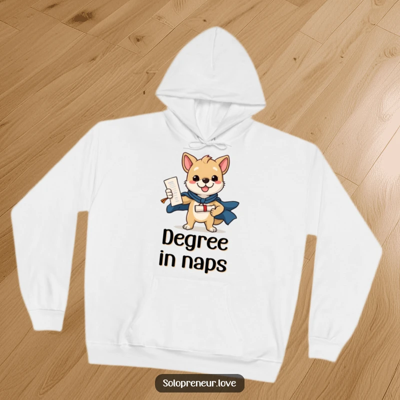 Funny hoodie with a heroic dog holding a diploma, radiating confidence and academic achievement in a comfortable design.