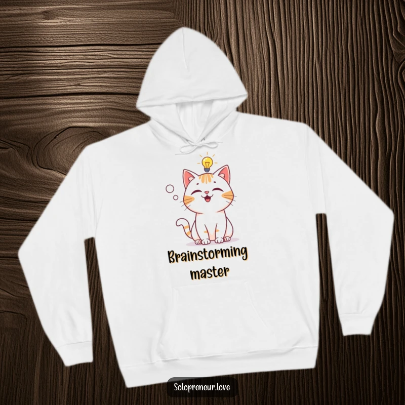Funny Hoodie: A playful cat character with a lit lightbulb above its head, indicating a sudden, brilliant idea.