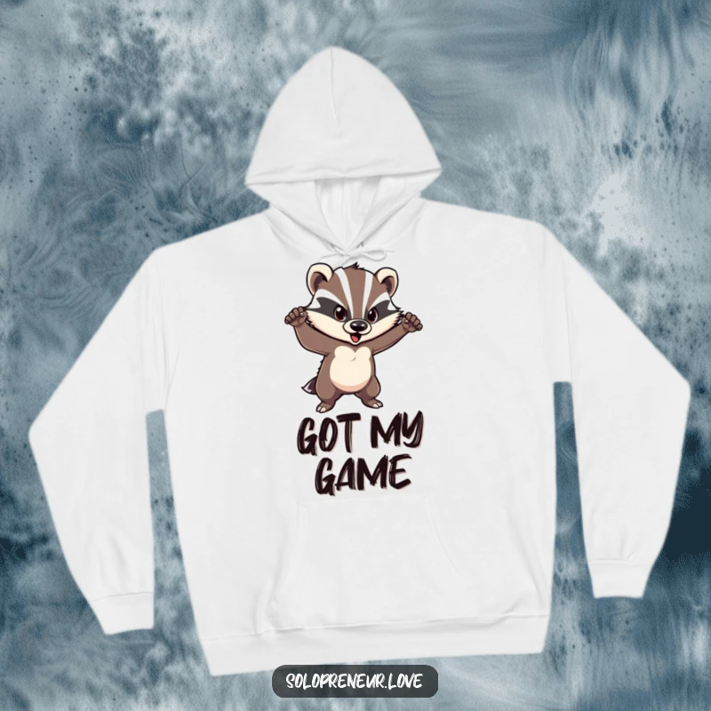 Funny badger hoodie featuring a courageous character in a confident pose, offering warmth and a symbol of inner strength.