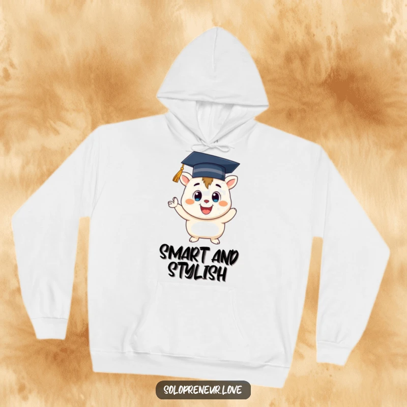 Funny Graduation Creature Hoodie: Soft hoodie showcasing a smiling creature wearing a graduation cap, cheering.