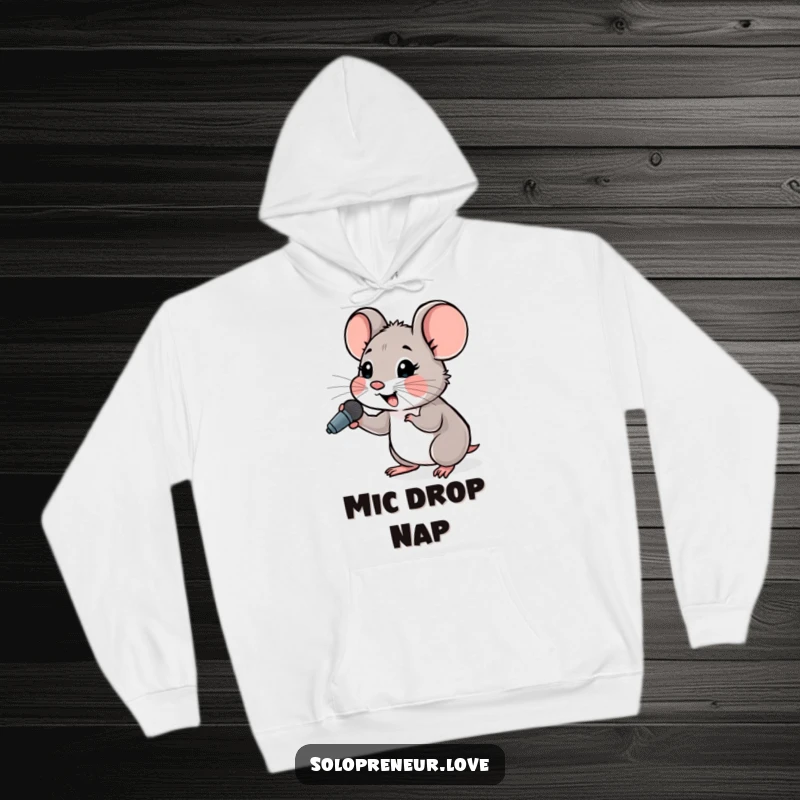 Funny Hopeful Mouse Microphone Hoodie with a small mouse character cheering while holding a tiny microphone, symbolizing hope.