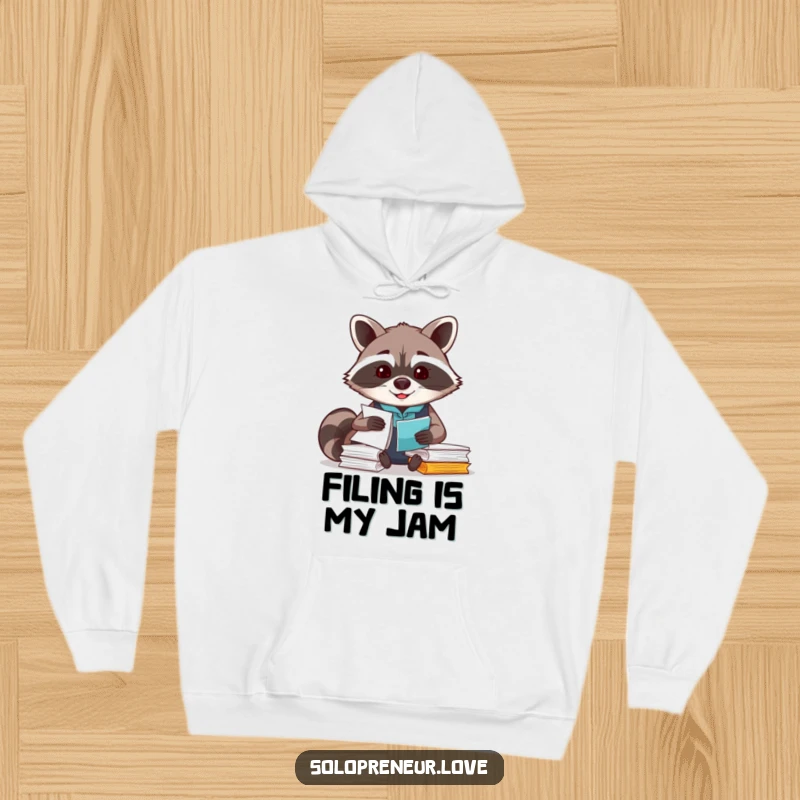 Funny Raccoon Organizer Hoodie with a smiling raccoon character busy with paperwork, symbolizing focus.