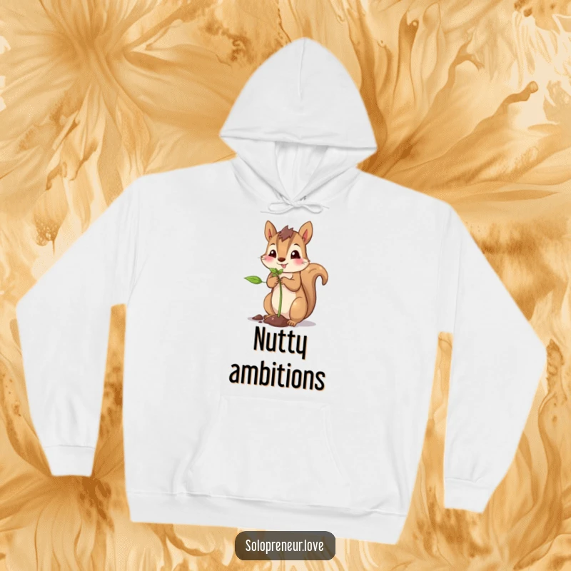 Funny squirrel planting hoodie showing a proud squirrel diligently planting a tiny sprout, celebrating nature and growth.