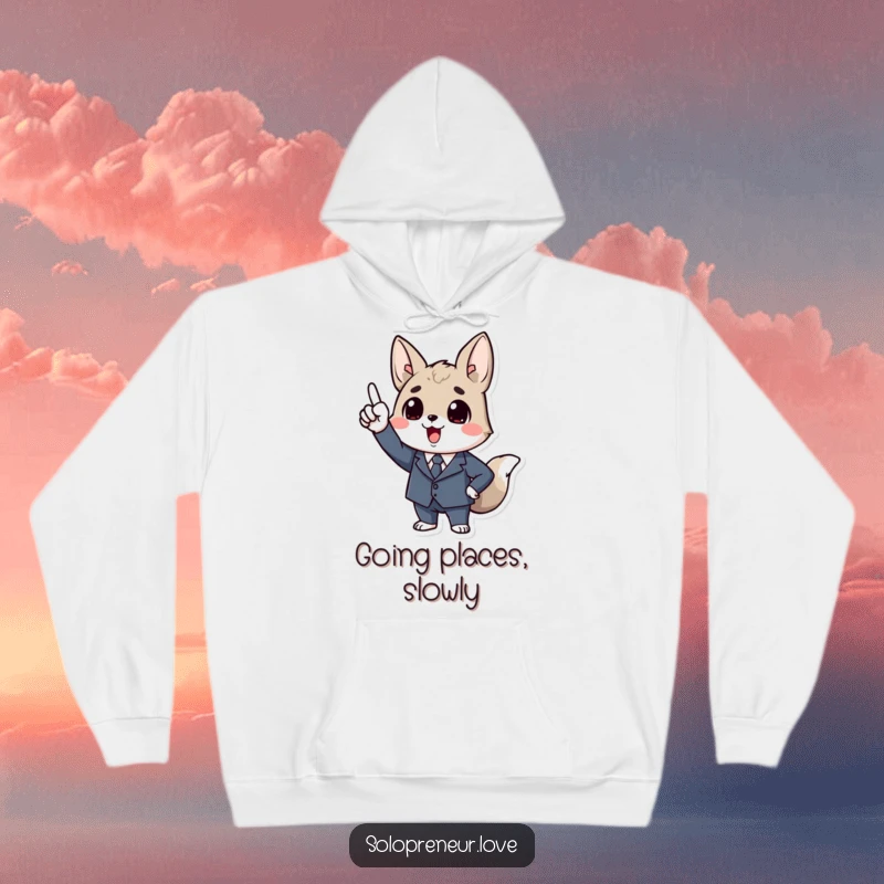 Funny Business Animal Hoodie: Comfortable hoodie featuring a character in a tiny suit, enthusiastically pointing upwards with ambition.