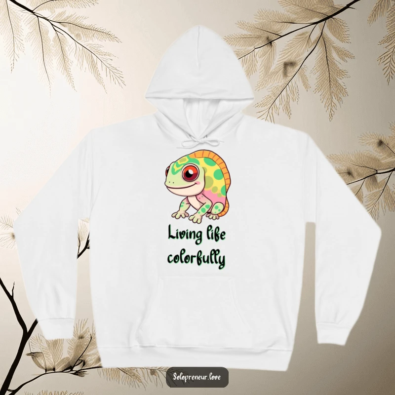 Funny chameleon hoodie with a smiling, fast-changing color character, offering cozy warmth and a burst of playful, humorous design.