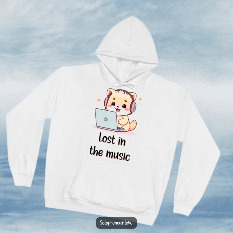 Funny Techie Creature Hoodie: Soft hoodie showcasing a cute character wearing headphones, absorbed in laptop activity.