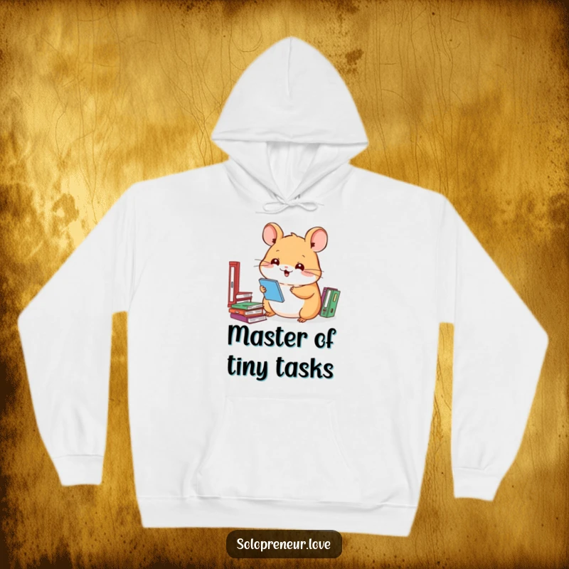 Funny hoodie showcasing a smiling hamster organizing files, offering warmth and a dose of office humor, a great gift idea.