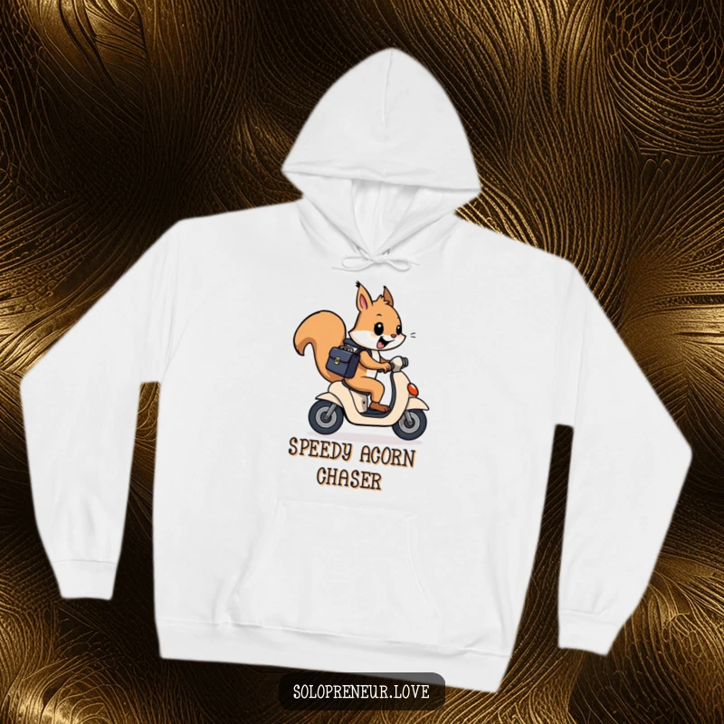 Funny squirrel character with a briefcase, speeding on a scooter, printed on a comfortable and humorous hoodie.