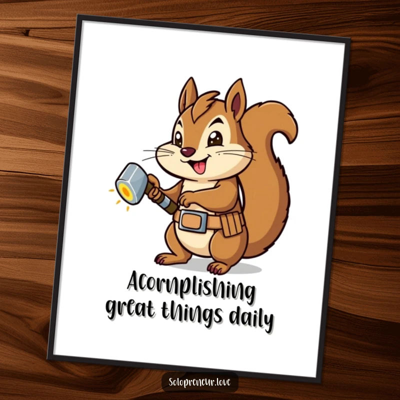 Funny Free Printable Wall Art: A beaming squirrel wearing a tool belt confidently hammers a bright, glowing bolt.