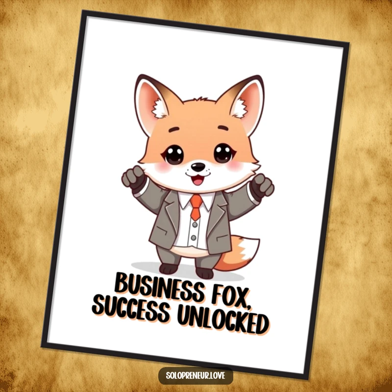 Funny free printable wall art of a kawaii fox in a tiny business suit, looking triumphant with a briefcase, celebrating a big win.