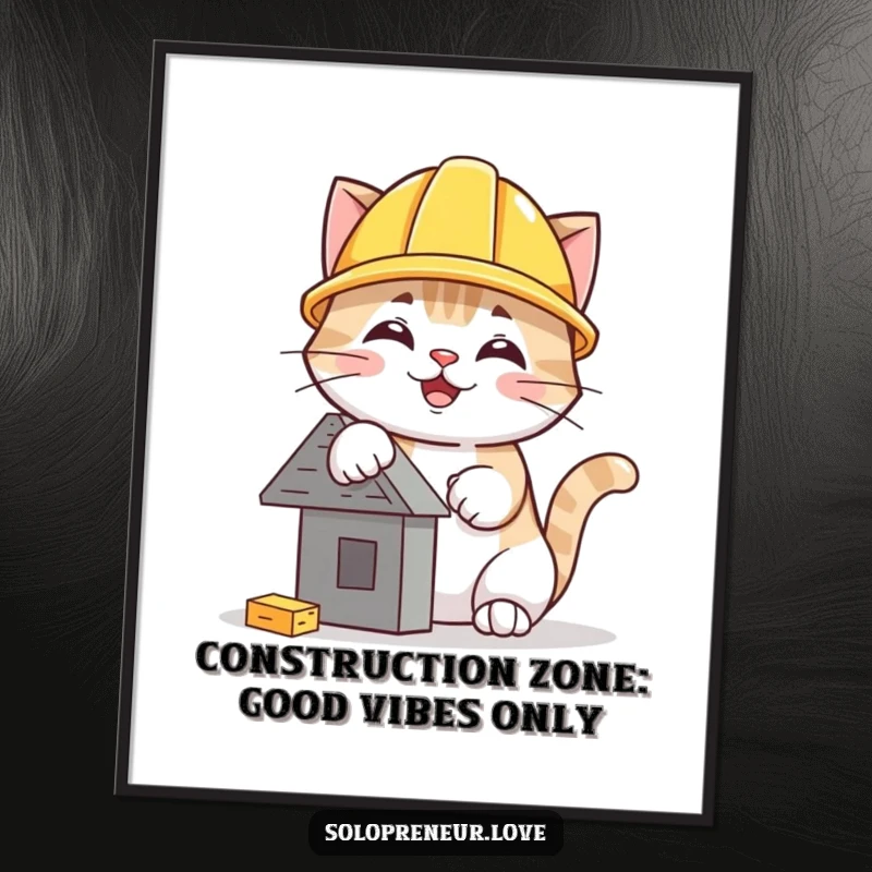 Funny Free Printable Wall Art: A cheerful cat in a yellow hard hat focused on building a tiny, whimsical structure.