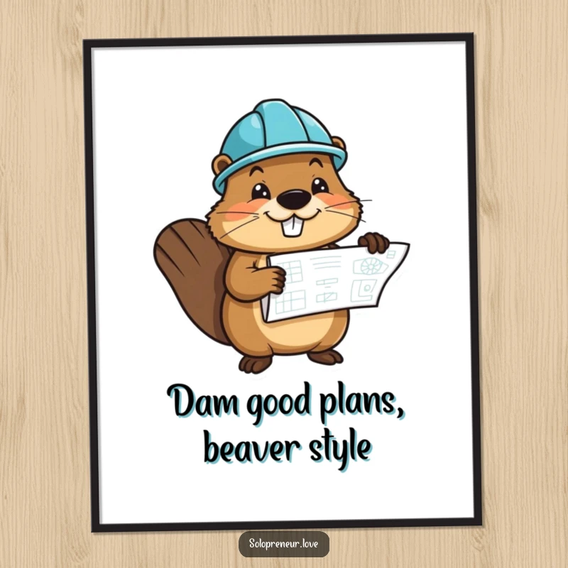 Funny Free Printable cheerful beaver character wearing a hard hat, holding a blueprint, as industrious wall art.