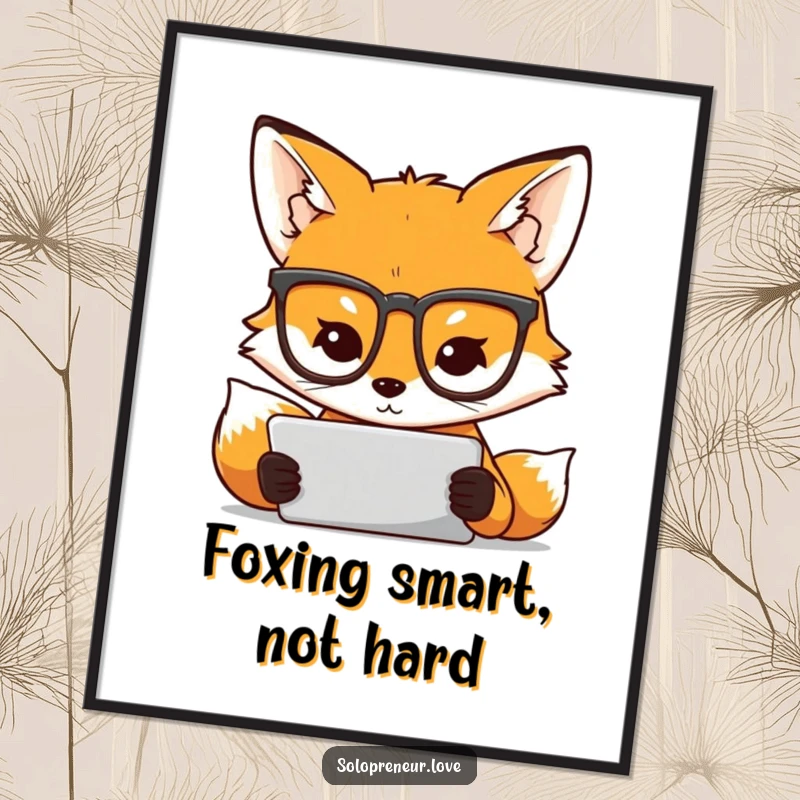 Funny Free Printable Wall Art: A determined fox wearing glasses intently studies a tablet, perfect for a home office or study.