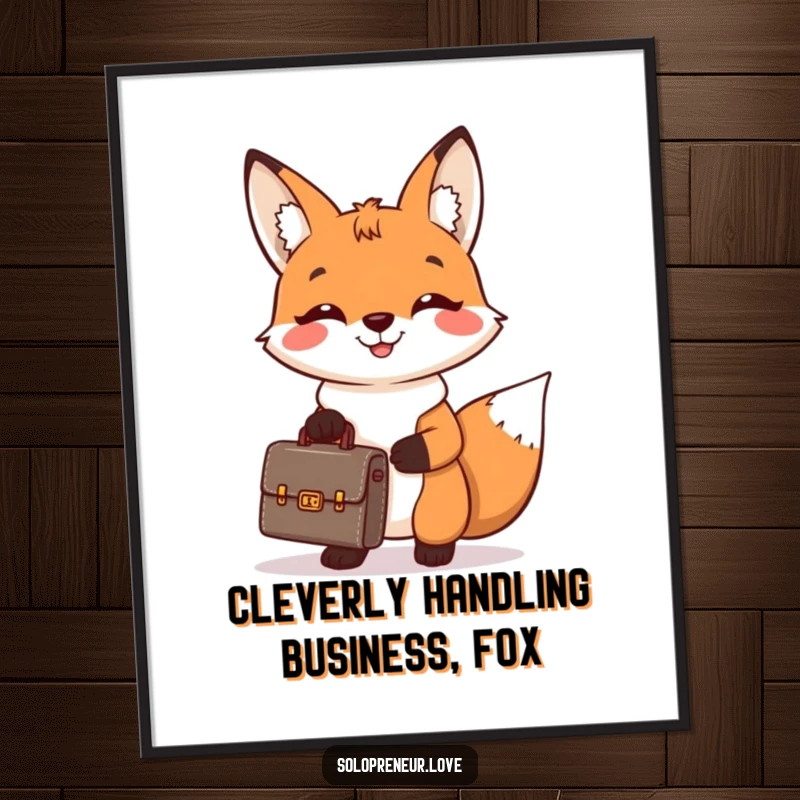 Funny free printable wall art depicting a cheerful fox with a tiny briefcase, ready for business, adding a witty touch.