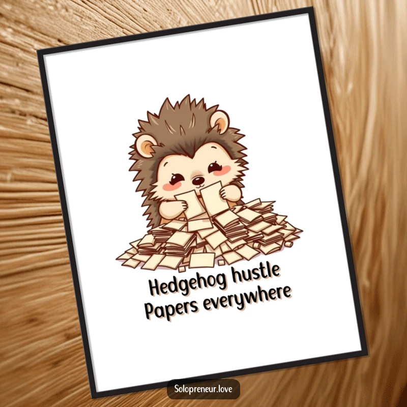 Funny Free Printable Wall Art of a busy hedgehog character diligently sorting through a large pile of tiny papers with focused intensity.