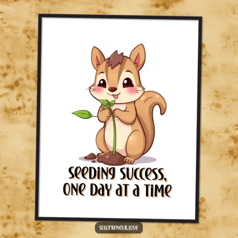 Funny Free Printable Wall Art: A cheerful squirrel character with pride planting a tiny, delicate sprout in fertile soil.