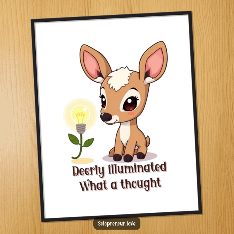 Funny Free Printable Wall Art of a curious deer character intently observing a tiny, illuminated lightbulb icon, representing a clever idea.
