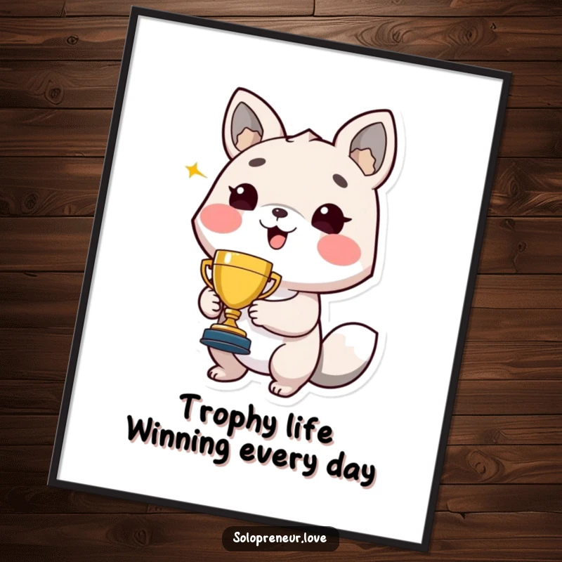 Funny Free Printable Wall Art: An animal character holding a tiny trophy beams proudly, exuding pure celebratory joy.