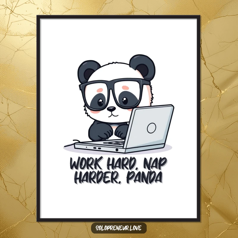 Funny free printable wall art depicting a tiny panda wearing glasses, diligently working on a laptop, perfect for a study or office.