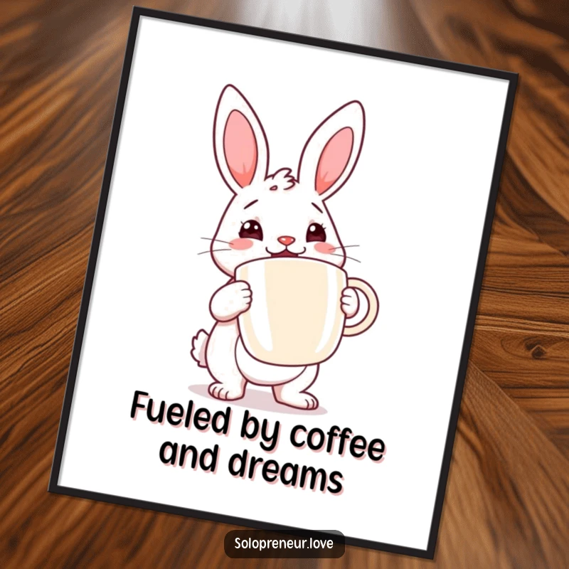Funny Free Printable wall art: Determined rabbit cheerfully holding a large coffee cup, ready for the day.