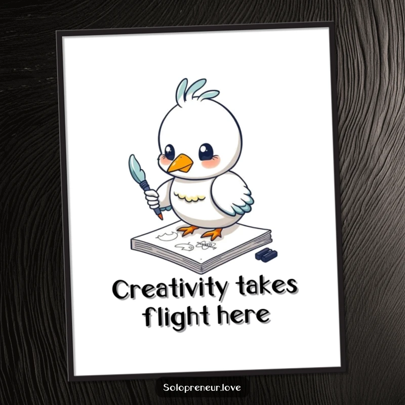 Funny Free Printable Wall Art: Bird artist with a feather pen, intensely sketching a whimsical doodle on a notepad.