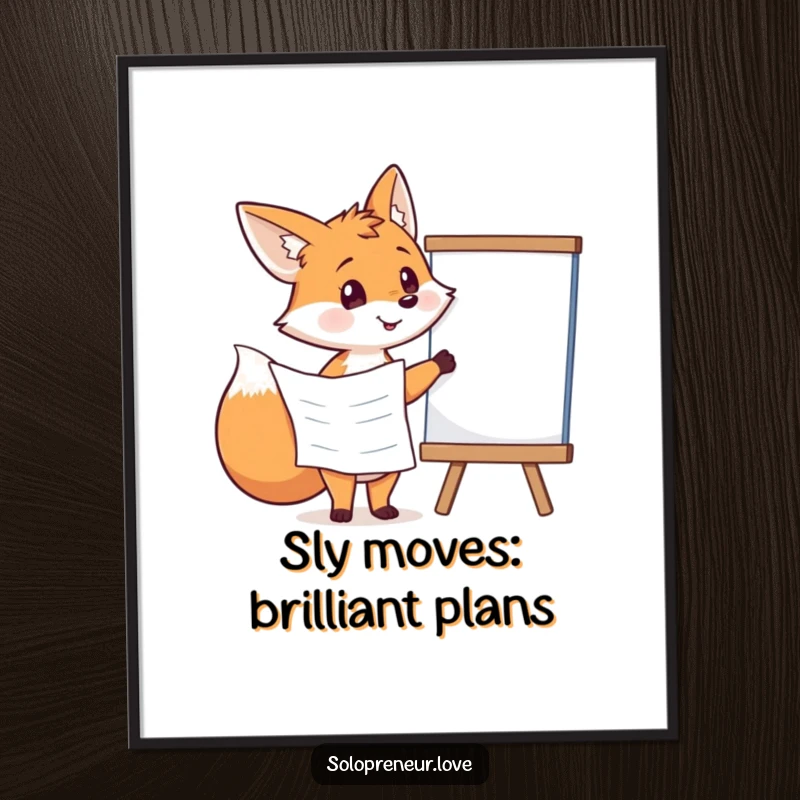 Funny Free Printable Wall Art: A focused fox holds a plan and points at a whiteboard, embodying cleverness and humorous strategic thinking.