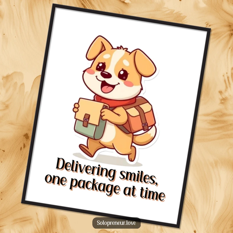 Funny Free Printable Wall Art: A busy dog in a messenger bag, joyfully delivering a package with an infectious grin.