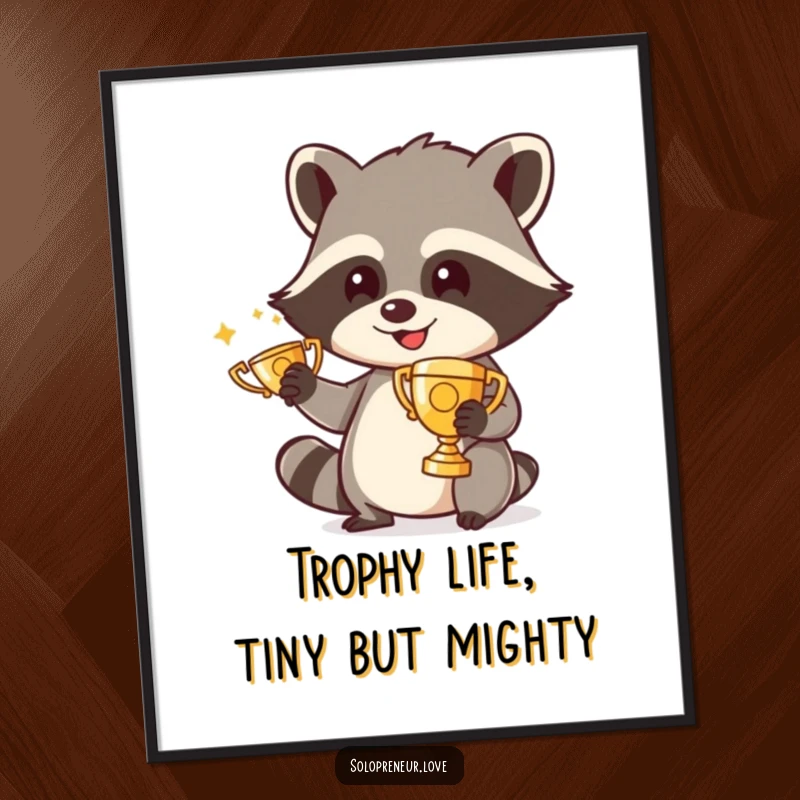 Funny Free Printable Wall Art: A cheerful raccoon meticulously polishing a miniature golden trophy, radiating quirky accomplishment and happy vibes.