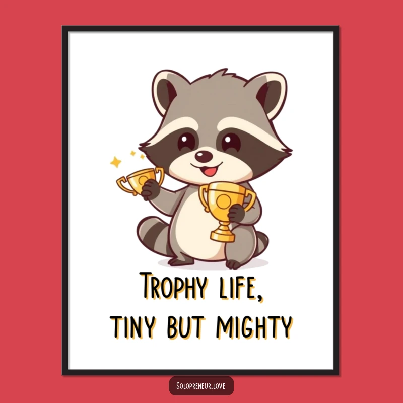 Funny Free Printable Wall Art: Raccoon Polishing Trophy, Humorous Downloadable Decor