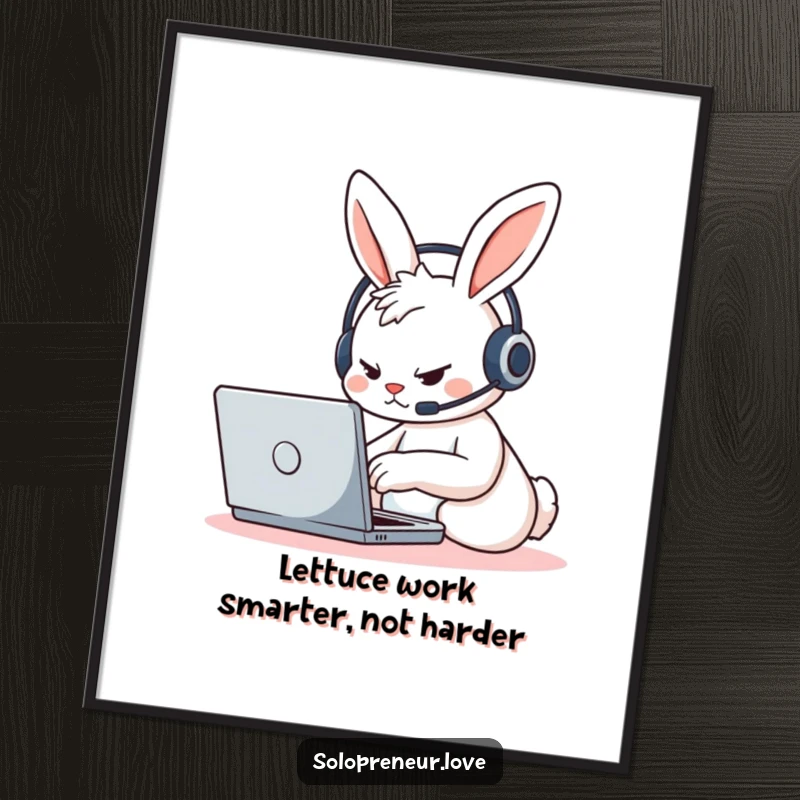 Funny Free Printable Wall Art: A determined rabbit character wearing a tiny headset furiously types on a laptop.