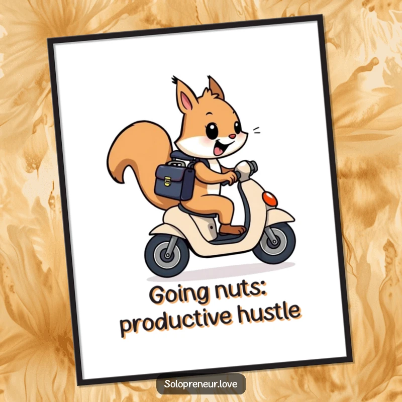 Funny Free Printable Wall Art: A cheerful squirrel in a briefcase zooms energetically on a scooter, bringing whimsical humor to your space.