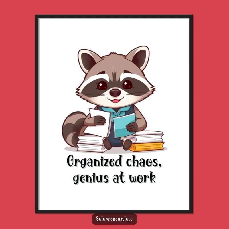 Free Printable Wall Art: Cute Raccoon Organizing Papers, Funny Downloadable Decor