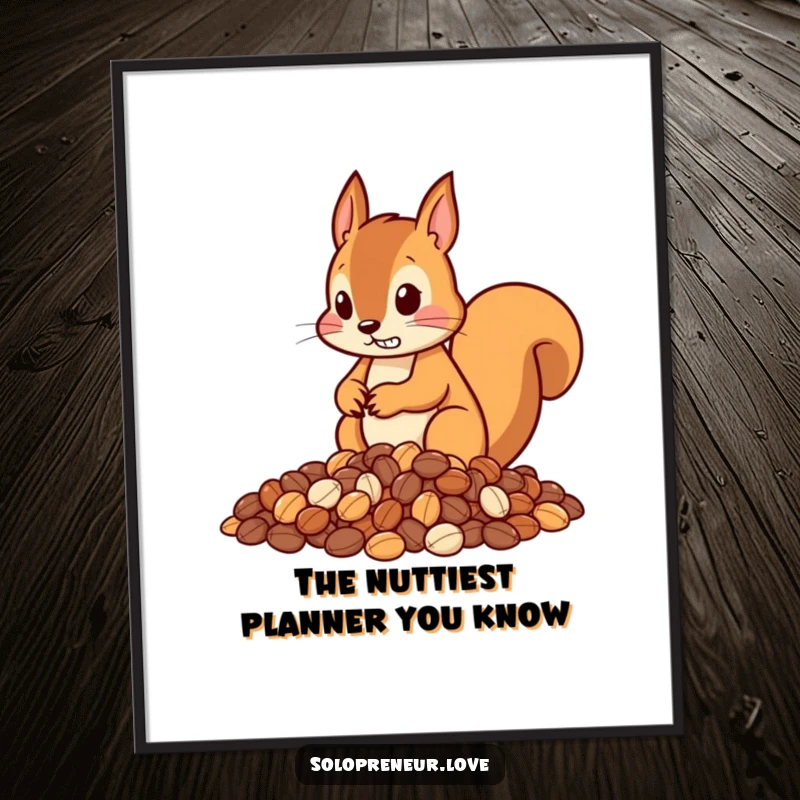 Funny Free Printable Wall Art: A determined squirrel perfectly arranging nuts into neat piles, a humorous home decor piece.