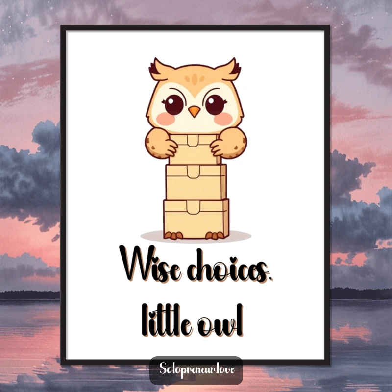 Funny Free Printable wall art: Cute owl happily stacking small boxes, creating a whimsical and organized scene.