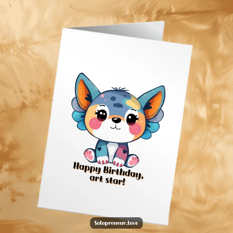 Funny Free Printable Birthday Card: A whimsical animal artist splashes vibrant colors onto a canvas with inspired abandon.