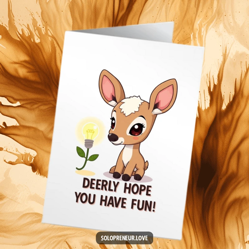 Funny Free Printable Birthday Card featuring a curious deer character looking intently at a tiny, glowing lightbulb icon of inspiration.