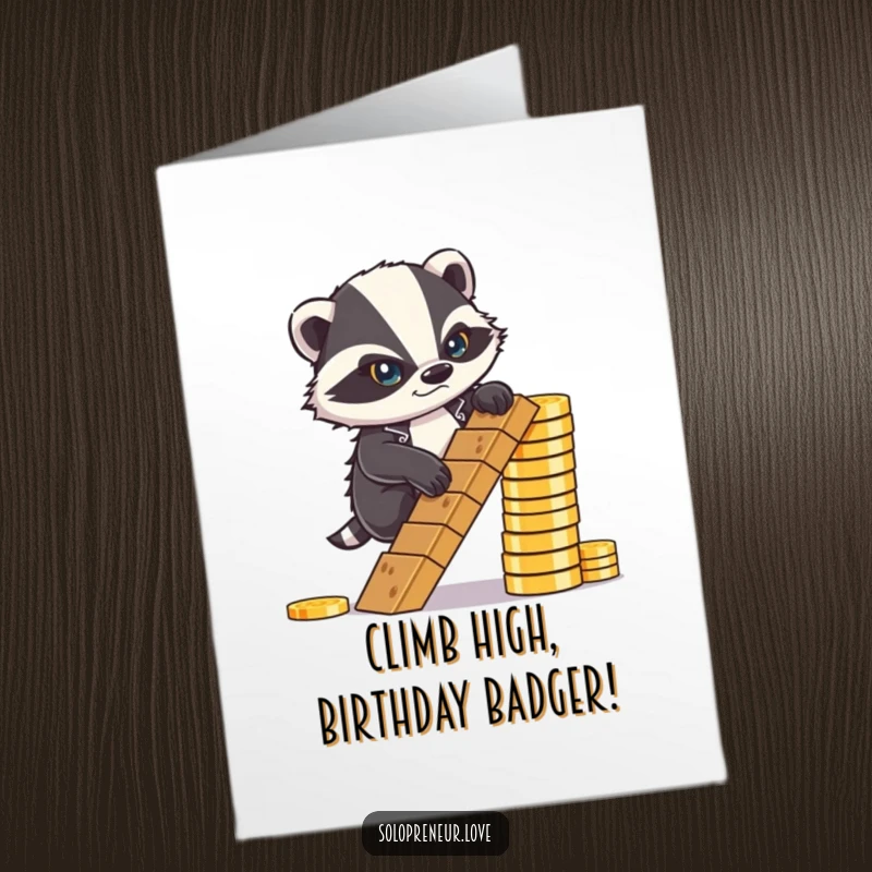 Funny Free Printable Birthday Card: a determined badger frowns while climbing a ladder made of gold coins, aiming high.