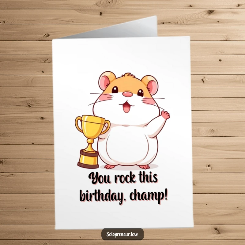 Funny Free Printable Birthday Card featuring a beaming hamster character proudly holding up a single shiny trophy, celebrating victory.