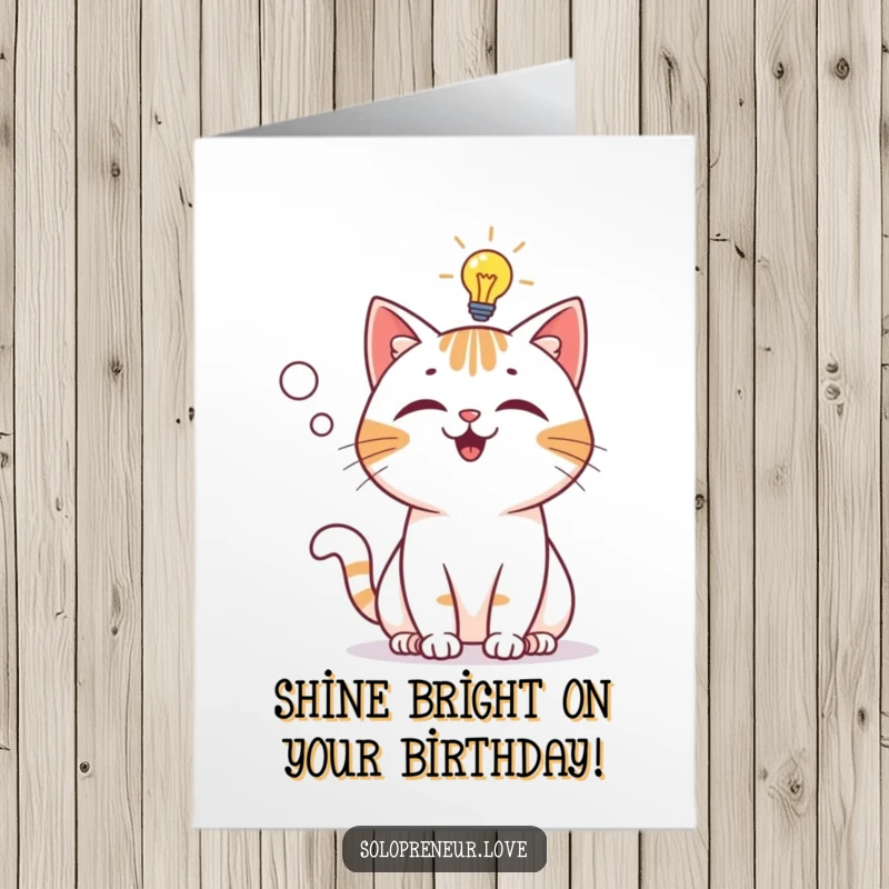 Funny Free Printable Birthday Card: a playful cat has a lightbulb moment, indicated by a glowing bulb in its thought bubble.