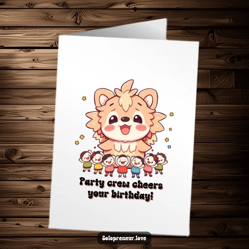 Funny Free Printable Birthday Card: A happy creature is joyfully surrounded by many small, cheering figures celebrating a birthday.