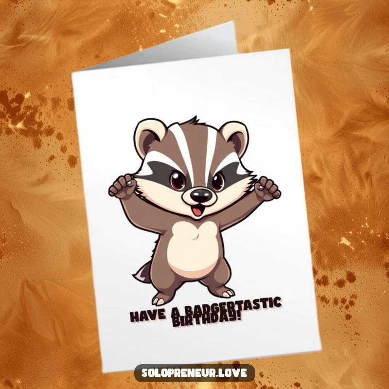 Funny Free Printable Birthday Card featuring a courageous badger striking a confident pose, ready to celebrate with gusto.