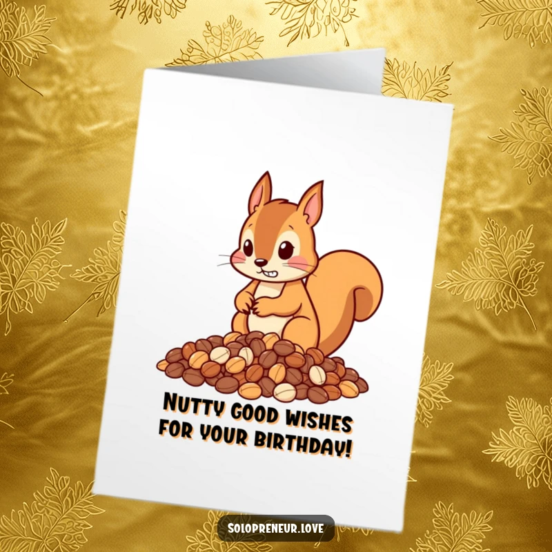 Funny Free Printable Birthday Card: Determined squirrel meticulously piling nuts, a hilarious scene for your DIY greeting.